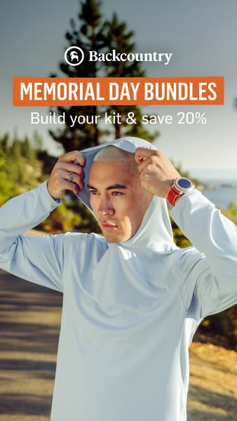 This ad promotes Backcountry's Memorial Day Bundles, offering a 20% discount. It features a person outside wearing a