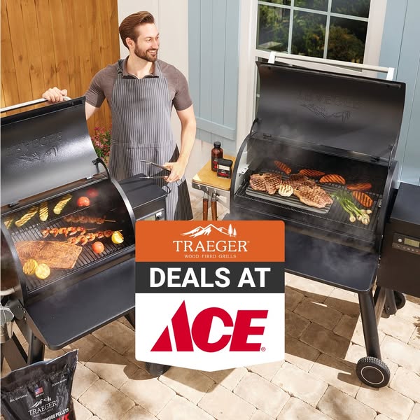 This image ad showcases Traeger wood-fired grills and promotes deals at ACE Hardware. The ad features two grill models w