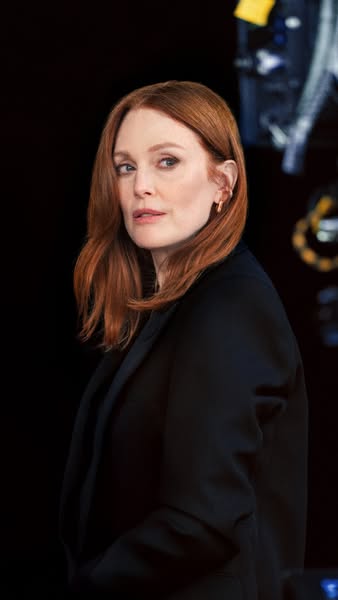 An image ad featuring Julianne Moore wearing a black blazer in front of a blurred background.