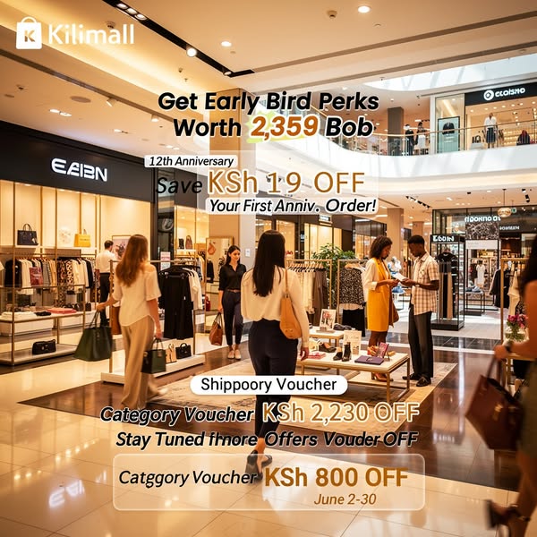 This ad by Kilimall promotes their 12th anniversary with early bird perks and discounts on first orders as well as categ