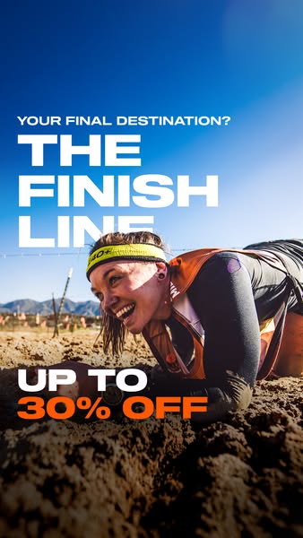 This ad promotes up to 30% off of products and shows a woman crawling through the mud during an endurance race.