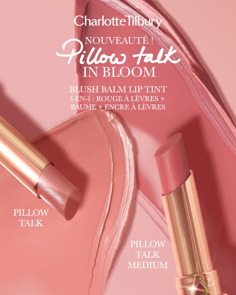 This ad showcases the Charlotte Tilbury Pillow Talk In Bloom Blush Balm Lip Tint with a focus on the product's color