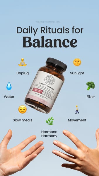 The ad promotes Hormone Harmony supplements by Happy Mammoth as part of daily self-care rituals. It features a bottle of