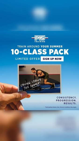 This ad promotes a 10-class pack for F45 Training, emphasizing consistency, progression, and results during the summer. 