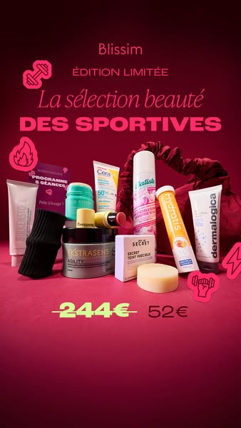This image ad promotes Blissim's limited edition beauty box for active women. It showcases various skincare and beau