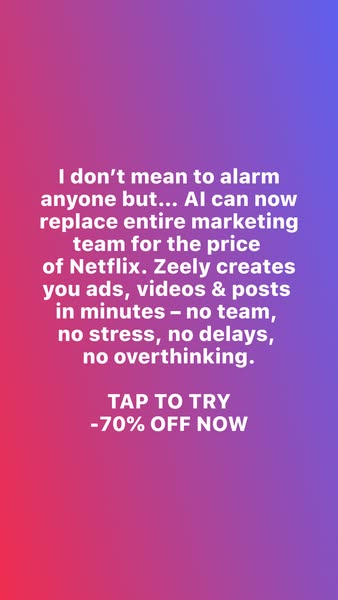 The ad describes how Zeely's AI-powered software can create ads, videos, and posts at scale. Zeely allows creators t