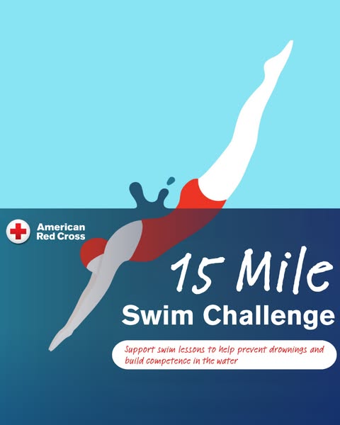 This is a digital ad promoting the American Red Cross 15 Mile Swim Challenge. The ad features an illustration of a swimm