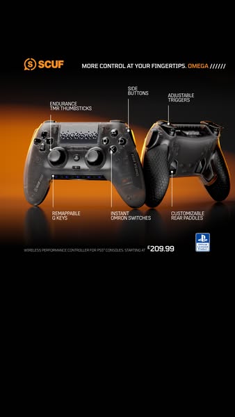 The ad highlights the features of the SCUF Omega controller for Playstation 5, emphasizing customizable components for e