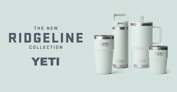 This ad showcases YETI's new Ridgeline Collection with a minimalist aesthetic. The ad features four different drinkw