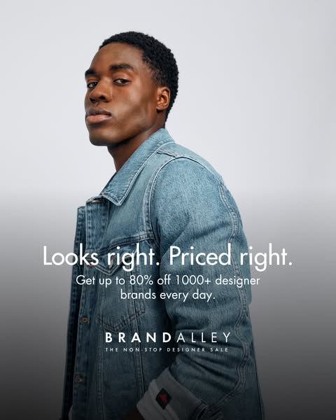 The ad features a stylish Black man wearing a denim jacket and promotes BrandAlley, highlighting their offer of up to 80