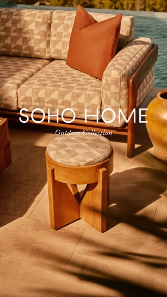 The ad features the Soho Home outdoor furniture collection, focusing on a stool and a couch. The ad is visually driven, 