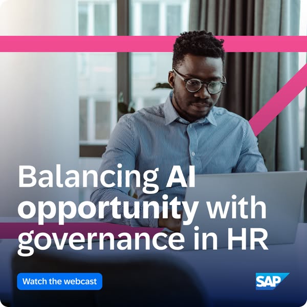 This ad promotes a webcast about balancing AI opportunities with governance in HR. It features a man working on a laptop