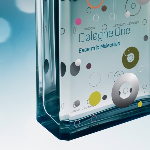 This ad showcases a bottle of Escentric Molecules Cologne One, highlighting its unique design and the brand's modern