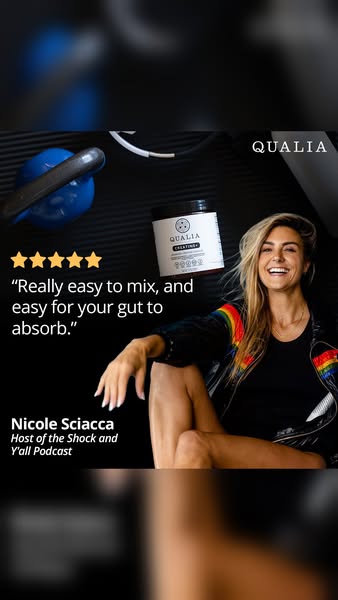 An image ad for Qualia Creatine+ features a woman, Nicole Sciacca, host of the Shock and Y'all podcast, providing a 
