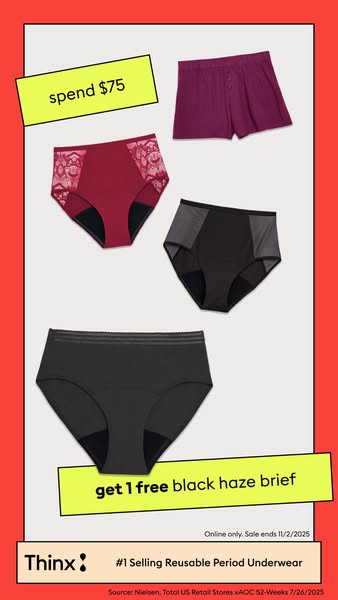 This ad for Thinx reusable period underwear features four different styles of underwear and promotes a limited-time offe