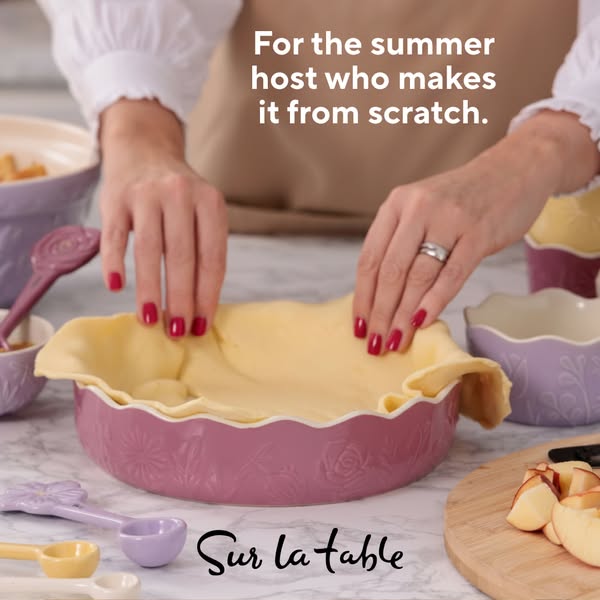 This image ad showcases a woman using the Sur la table pie dish to prepare a pie. The ad is targeted towards summer host