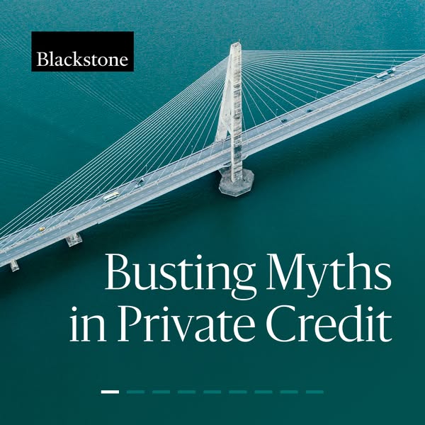 The ad image promotes Blackstone and the topic of private credit. It features an aerial view of a suspension bridge over
