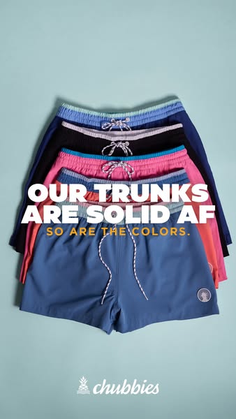This ad for Chubbies trunks showcases a stack of their swim trunks in various solid colors against a light teal backgrou