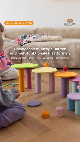 An ad showcasing Grimm's wooden building blocks, balance toys, and stacking platforms, emphasizing their versatility