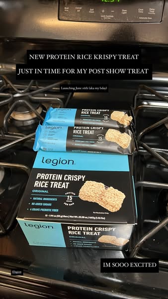 This ad promotes Legion's Protein Crispy Rice Treat as a post-show treat. The ad features a stack of the product pac