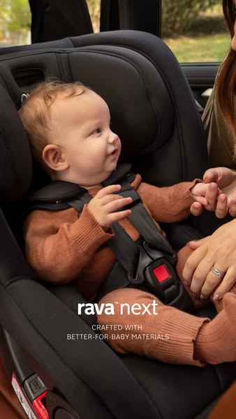 This ad showcases the Rava Next car seat, emphasizing its use of better-for-baby materials and its design for a comforta