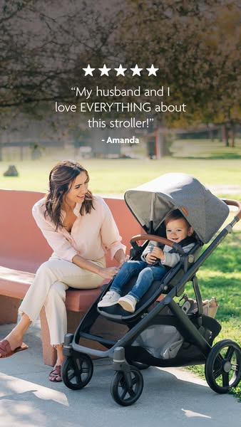 This ad for the UPPAbaby stroller features a happy mother and child sitting on a park bench, with a five-star review fro
