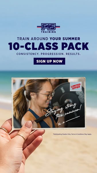 This ad for F45 Training promotes a 10-class pack for summer fitness. The ad features a photo of a woman lifting weights