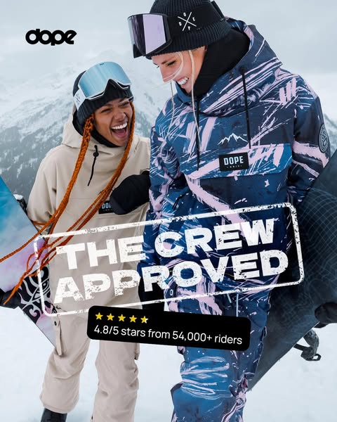 The image is an advertisement for Dope snow apparel featuring a rating of 4.8/5 stars from 54,000+ riders.