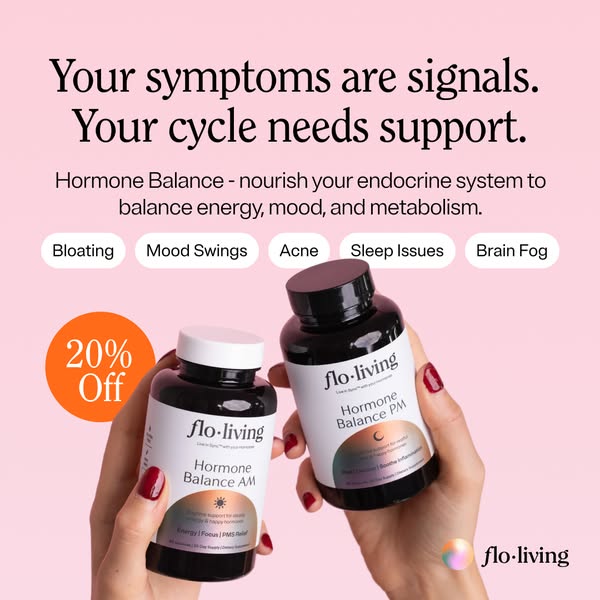This image ad for Flo Living features two bottles of hormone balance supplements, one for AM and one for PM. The ad high