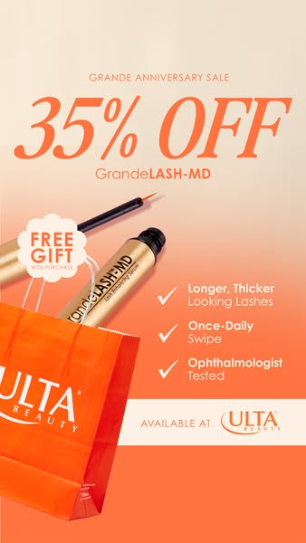 This ad promotes GrandeLASH-MD lash enhancing serum and highlights a 35% off deal, along with a free gift with purchase 