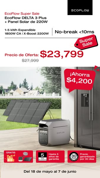 This image ad for EcoFlow promotes a 'Super Sale' on the EcoFlow DELTA 3 Plus and a 220W Solar Panel. It highlig