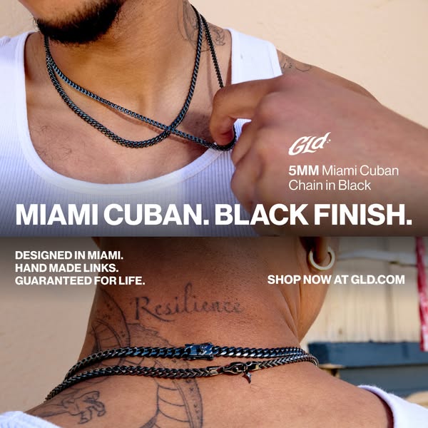 This ad showcases a GLD 5MM Miami Cuban Chain in Black finish. It highlights the product's design in Miami, handmade