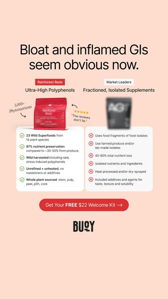 This ad for Buoy compares its Rainforest Reds product to competitor supplements by listing ingredients and product featu