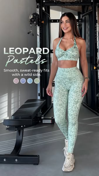 This ad features a woman wearing a matching activewear set. The set has a light green and white leopard print pattern. T