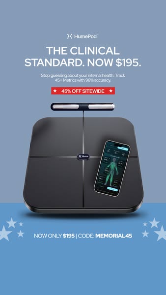 The ad promotes HumePod's health scale, highlighting its clinical standard, accuracy, and current discount.
