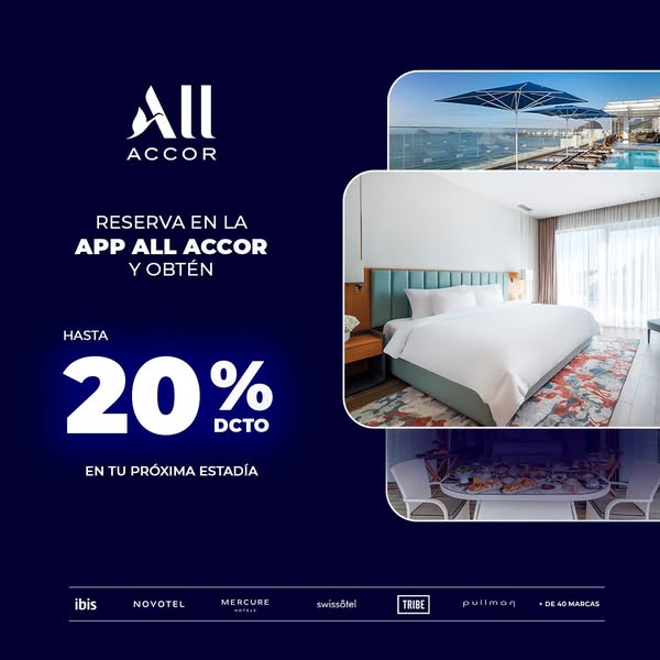 This image ad promotes the All Accor app and offers up to 20% off the next stay booked through the app. The ad uses a sp