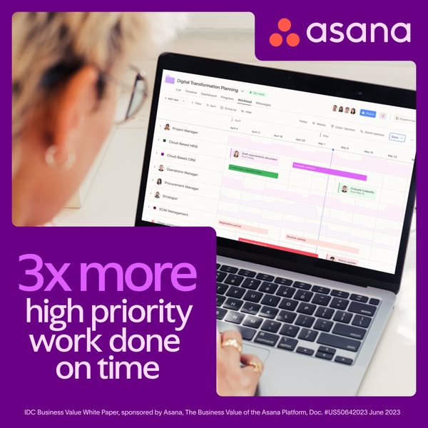 This image ad for Asana highlights the benefit of using Asana to complete "high priority work" faster, in refe