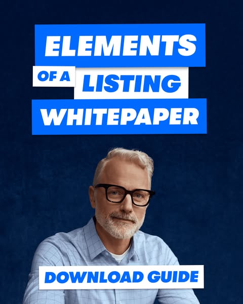 This ad promotes a whitepaper about elements of a listing. It features a man in front of a blue background with text blo