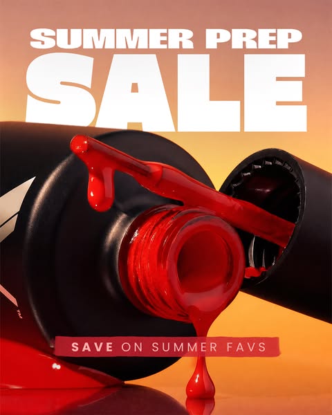This ad promotes a Summer Prep Sale, focusing on a single bottle of red nail polish. The image has a high-fashion, gloss