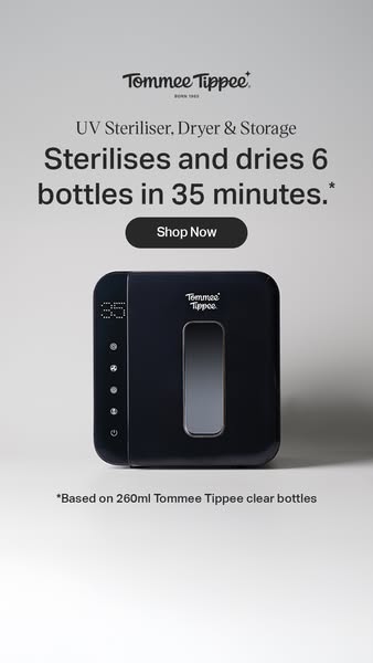 This ad showcases the Tommee Tippee UV Steriliser, Dryer & Storage, highlighting its ability to sterilise and dry si