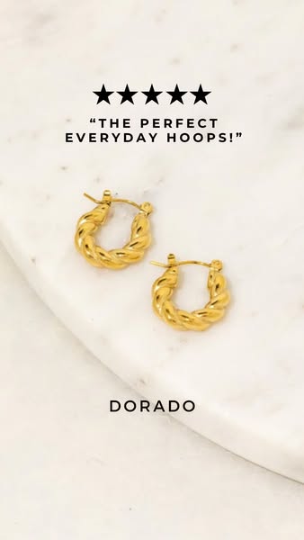 This ad features a pair of gold hoop earrings and uses a customer quote and star rating to promote the product.