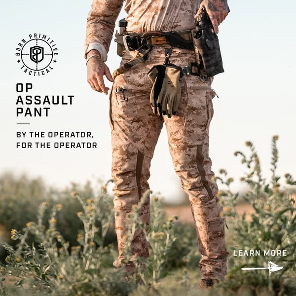 This ad promotes Born Primitive's OP Assault Pant through a visually focused display featuring a person wearing the