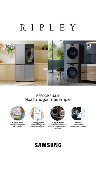 This ad for Samsung's BESPOKE AI line, sold at Ripley, showcases a refrigerator and washer/dryer set, highlighting f