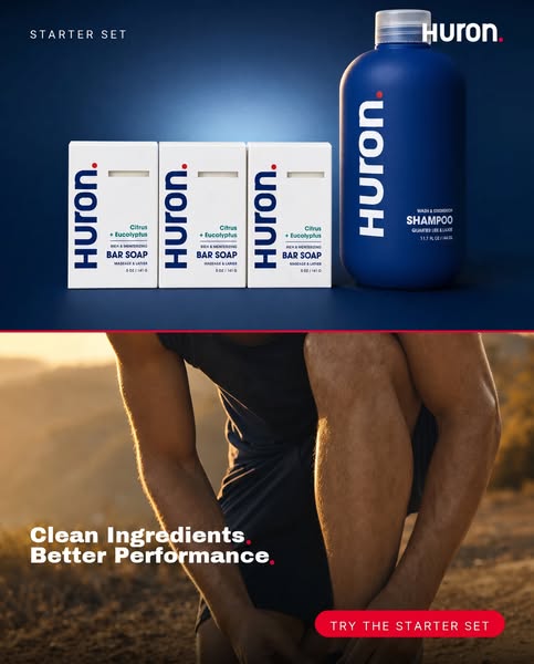 This ad showcases Huron's starter set, which includes a bottle of shampoo and three bars of soap. The ad is split in