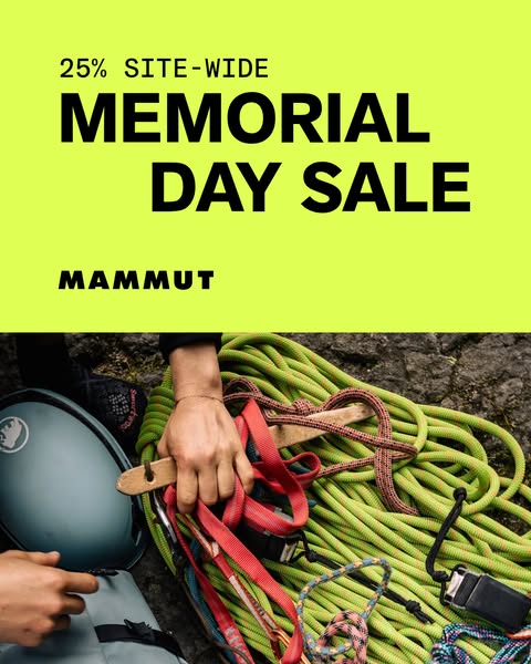 This ad promotes a Memorial Day sale from Mammut, featuring 25% off site-wide. The image showcases climbing equipment to
