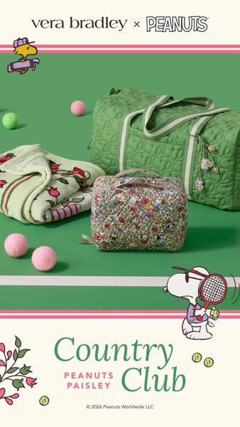 This image ad showcases a collaboration between Vera Bradley and Peanuts, featuring a collection of quilted bags and a b