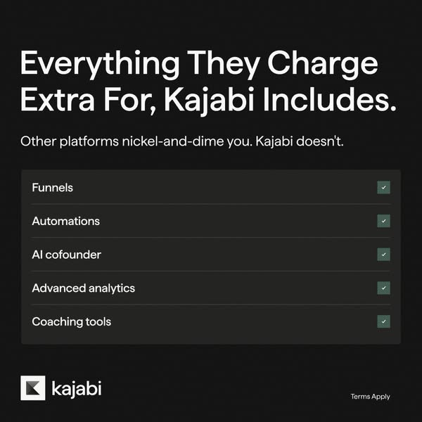 This image ad for Kajabi aims to highlight the features included as a standard with Kajabi, that other platforms may cha