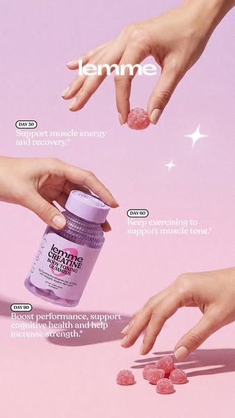 The ad showcases Lemme Creatine Body Toning Gummies and describes how they support muscle energy and recovery over a 90