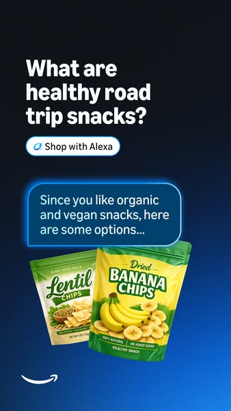 Ad displays a question at the top, "What are healthy road trip snacks?", followed by an Alexa shopping recomme