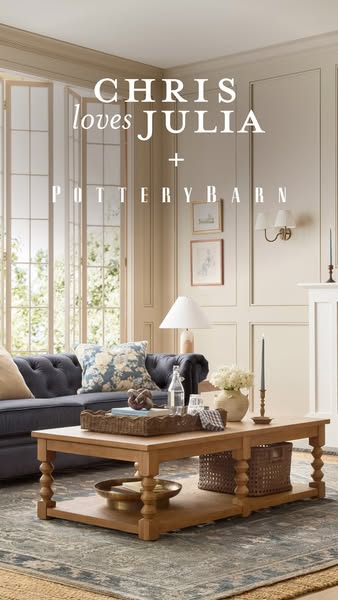This ad features a living room designed with furniture from Pottery Barn and promotes the Pottery Barn brand by highligh